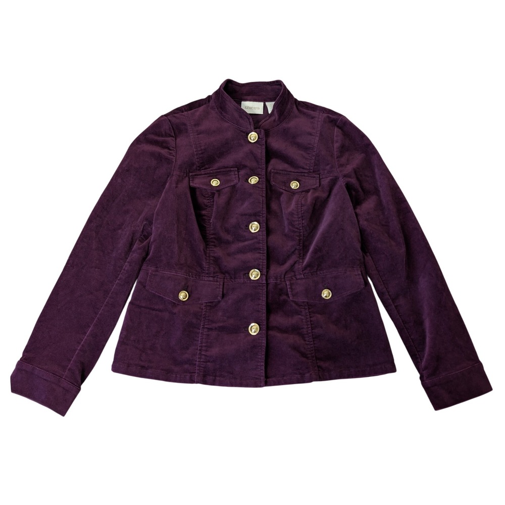 Chicos Plum Purple Corduroy Utility Jacket Gold Buttons Mock Neck Size 0 Small
